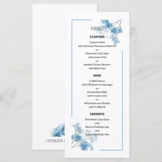 Light Blue Botanical Floral Pattern Wedding Menükarte (Vorne/Hinten)