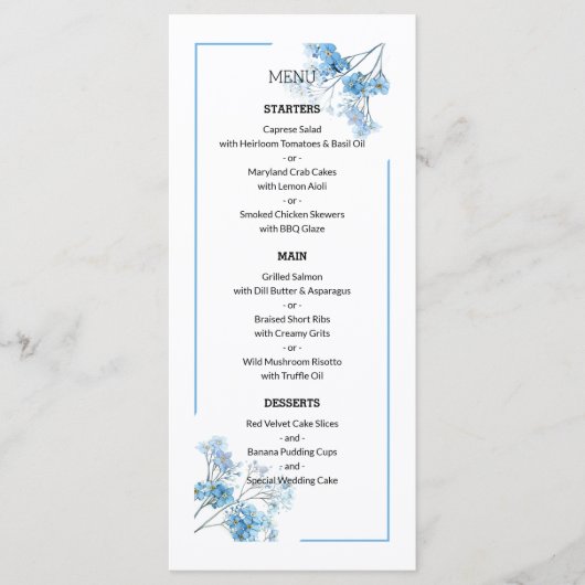 Light Blue Botanical Floral Pattern Wedding Menükarte (Vorderseite)
