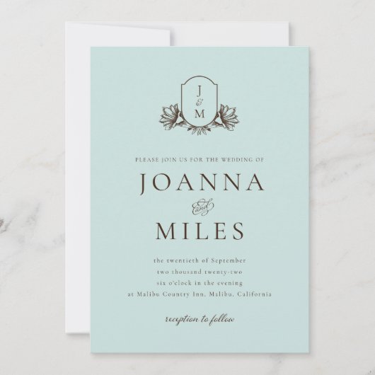 Light Blue Botanical Monogram Wappen Wedding Einladung (Vorderseite)