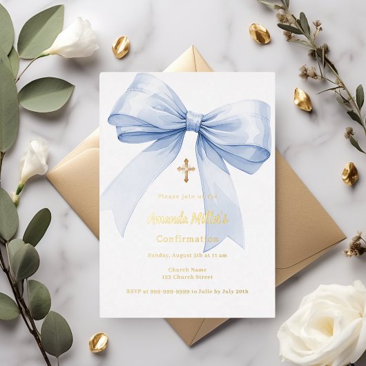 Light blue bow girl Confirmation gold foil Folieneinladung