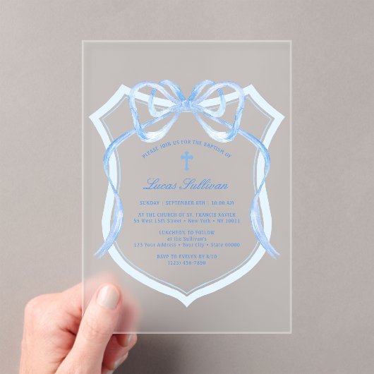 Light Blue Bow Wappen Taufe Acryleinladungen (Insitu (Handheld))