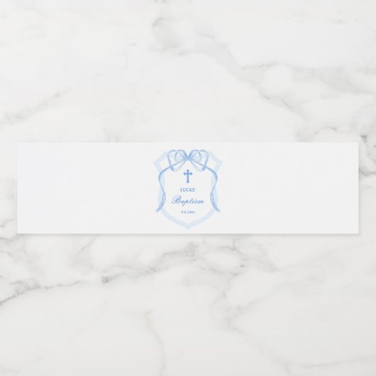 Light Blue Bow Wappen Taufe Wasserflaschenetikett (Einzelnes Label)