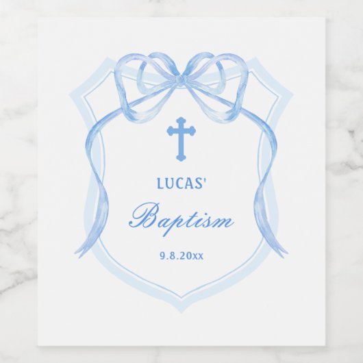 Light Blue Bow Wappen Taufe Weinetikett (Einzelnes Label)