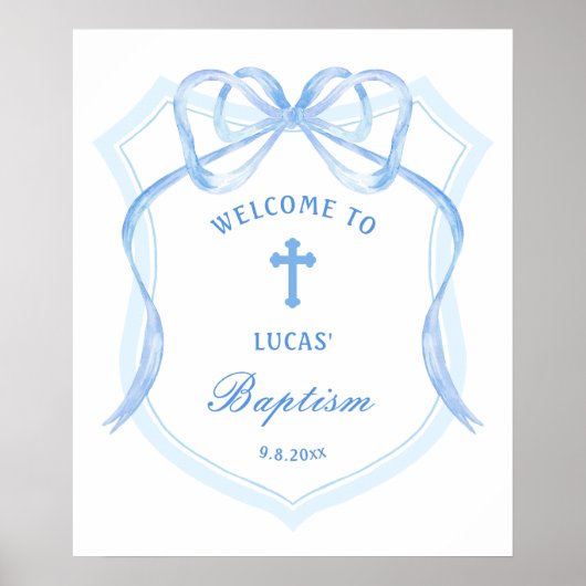 Light Blue Bow Wappen Taufe Willkommen Poster (Vorne)
