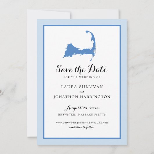 Light Blue Brewster Cape Cod Map Wedding Save The Date (Vorderseite)