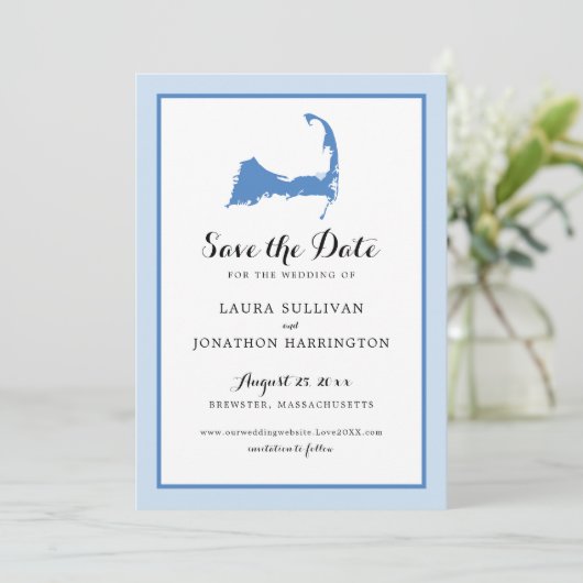 Light Blue Brewster Cape Cod Map Wedding Save The Date (Stehend Vorderseite)