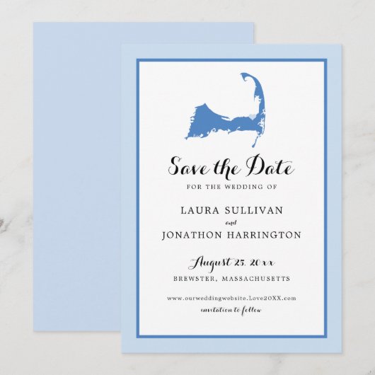 Light Blue Brewster Cape Cod Map Wedding Save The Date (Vorne/Hinten)