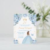 Light Blue Brown Hair Princess Birthday Party Postkarte (Stehend Vorderseite)