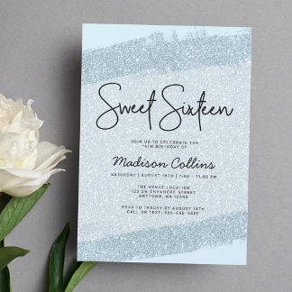 Light Blue Brush Glitzer Sweet 16 Einladung