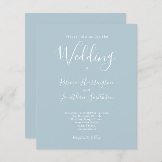 Light Blue Budget Moderne Script Hochzeitseinladun (Vorne/Hinten)