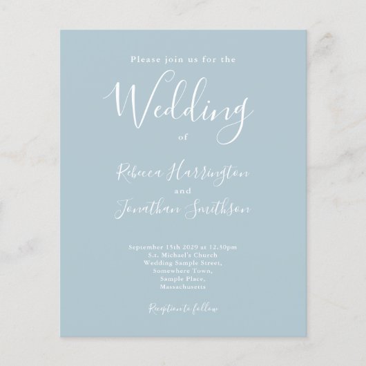 Light Blue Budget Moderne Script Hochzeitseinladun (Vorderseite)