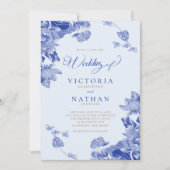 Light Blue Chinoiserie Floral mit Foto Wedding Einladung (Vorderseite)