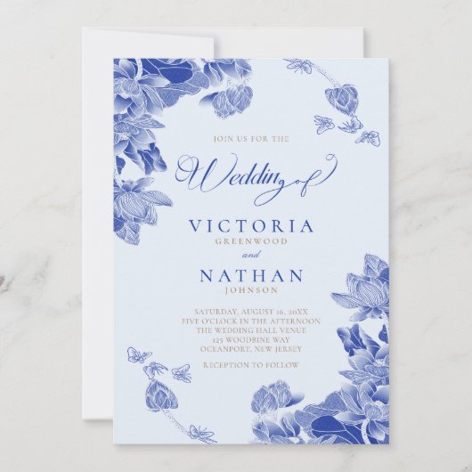 Light Blue Chinoiserie Floral mit Foto Wedding Einladung (Vorderseite)