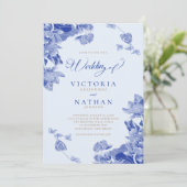Light Blue Chinoiserie Floral mit Foto Wedding Einladung (Stehend Vorderseite)
