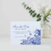 Light Blue Chinoiserie Foto Wedding Save the Date (Stehend Vorderseite)