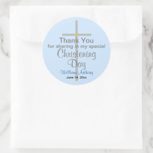 Light Blue Christening Son Danke Runder Aufkleber