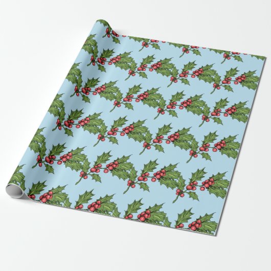 Light Blue Christmas Mistletoe Pattern Geschenkpapier (Ungerollt)