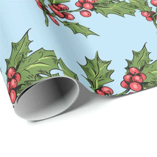 Light Blue Christmas Mistletoe Pattern Geschenkpapier (Rolleneckpunkt)