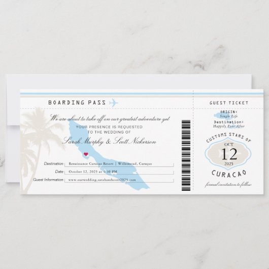 Light Blue Cream Wedding Boarding Pass - Curacao Save The Date (Vorderseite)