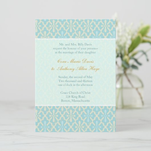 Light Blue Cross Damask Hochzeitseigung Einladung (Stehend Vorderseite)