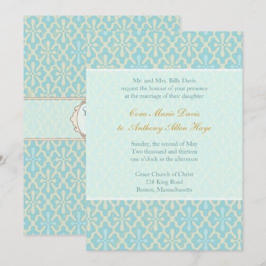 Light Blue Cross Damask Hochzeitseigung Einladung (Vorne/Hinten)