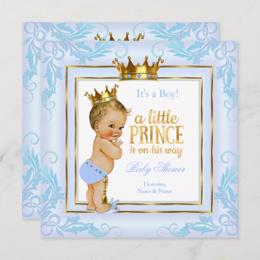 Light Blue Crown Prince Baby Dusche Blonde Einladung (Vorne/Hinten)