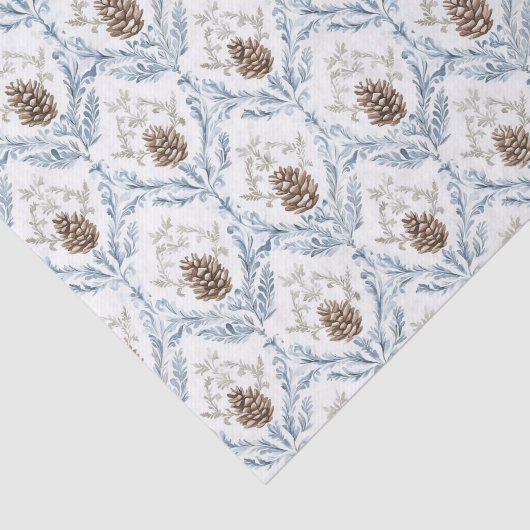 Light Blue Damask Pattern with Pine Cones Seidenpapier (Ausschnitt)