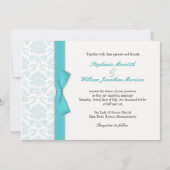 Light Blue Damask Turquoise Bow Wedding Einladung (Vorderseite)