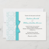 Light Blue Damask Turquoise Bow Wedding Einladung (Vorderseite)