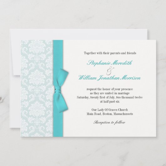 Light Blue Damask Turquoise Bow Wedding Einladung (Vorderseite)