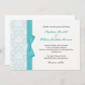 Light Blue Damask Turquoise Bow Wedding Einladung (Vorne/Hinten)