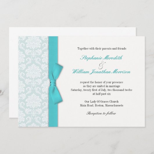 Light Blue Damask Turquoise Bow Wedding Einladung (Vorne/Hinten)