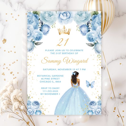 Light Blue Dark Skin Princess Birthday Party Einladung