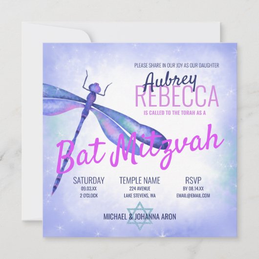 Light Blue Dragonfly Bat Mitzvah Einladung (Vorderseite)