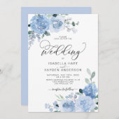 Light Blue Dusty Floral Botanical Elegante Hochzei Einladung (Vorne/Hinten)