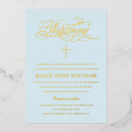 Light Blue Elegance Calligraphy Christening Gold Folieneinladung