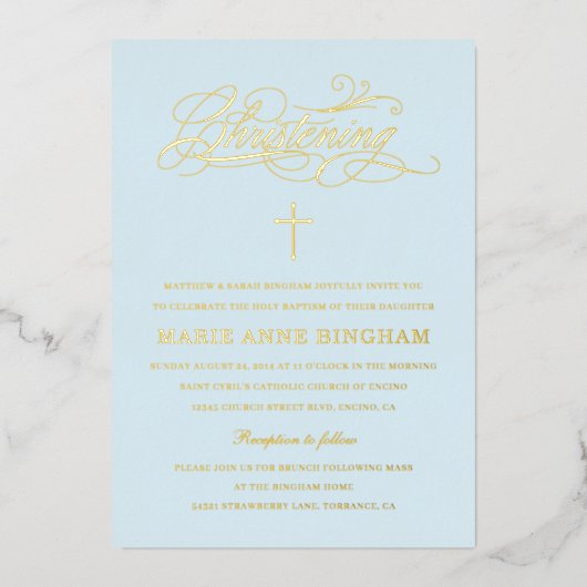 Light Blue Elegance Calligraphy Christening Gold Folieneinladung (Vorderseite)