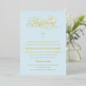 Light Blue Elegance Calligraphy Christening Gold Folieneinladung (Stehend vorne)