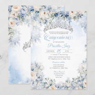 Light Blue Elegane Watercolor Floral Quinceñera Einladung