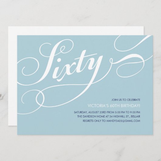 Light Blue Elegant 60. Geburtstag Einladungen (Vorne/Hinten)