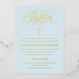 Light Blue Elegant Calligraphy Baptisc Gold Folieneinladung