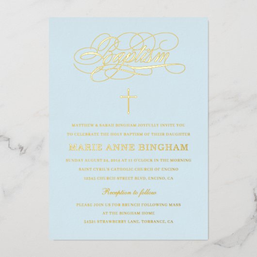 Light Blue Elegant Calligraphy Baptisc Gold Folieneinladung (Vorderseite)