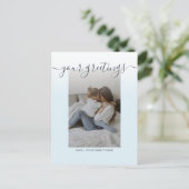 Light blue Elegant Script Family Foto Greetings Postkarte (Stehend Vorderseite)