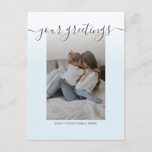 Light blue Elegant Script Family Foto Greetings Postkarte (Vorderseite)