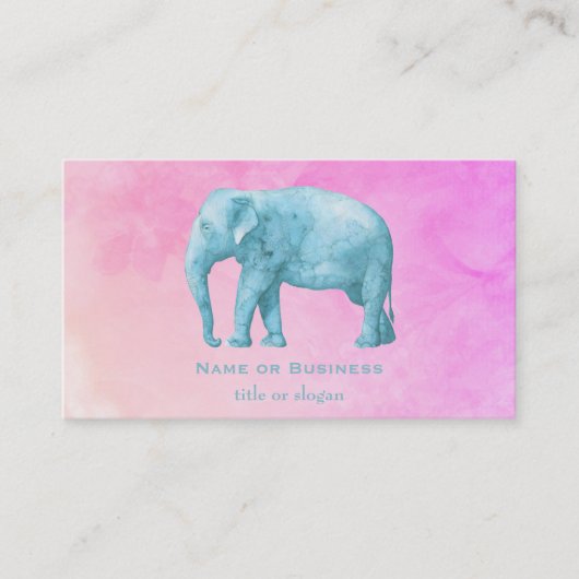 Light Blue Elephant on Dreamy Pink Watercolor Visitenkarte (Vorderseite)