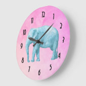 Light Blue Elephant on Dreamy Pink Watercolors Große Wanduhr (Winkel)