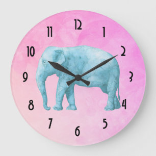 Light Blue Elephant on Dreamy Pink Watercolors Große Wanduhr