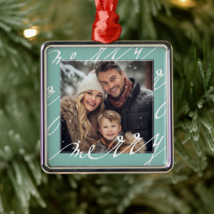 Light Blue Extravagant Script "Merry Christmas Fot Ornament Aus Metall