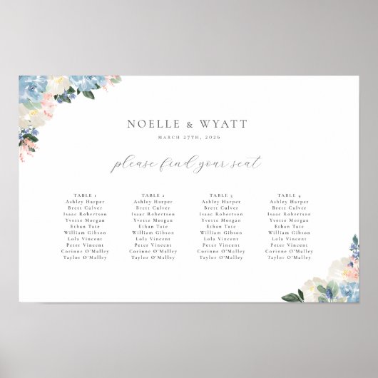 Light Blue Floral 4 Table Wedding Chart Poster (Vorne)