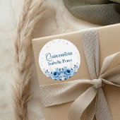 Light Blue Floral and Gold Glitzer Quinceanera Runder Aufkleber